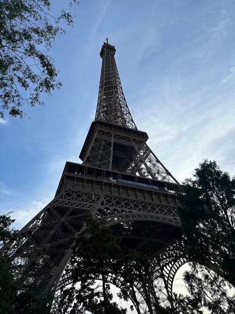 The Eiffel Tower against a blue sky