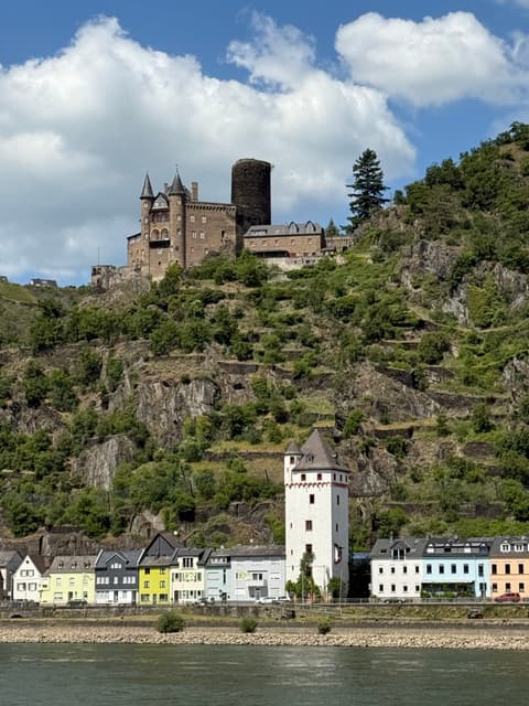 Burg Katz castle on a green hillside above colorful houses along the Rhine in Germany